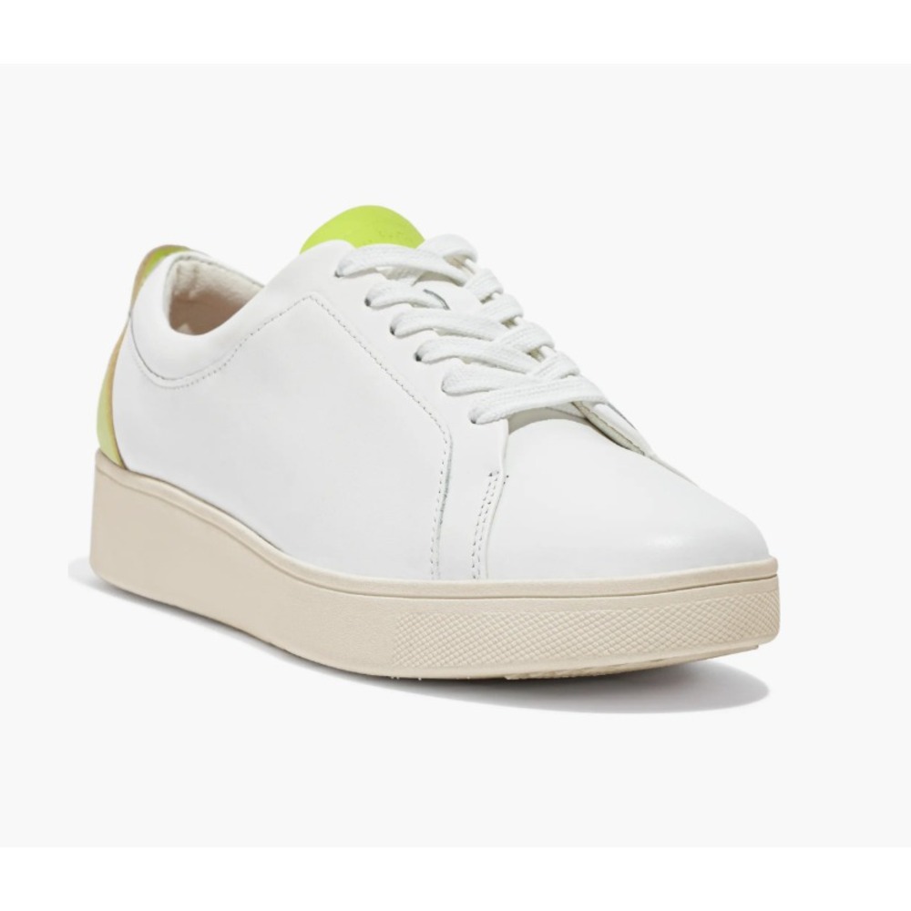 fitflop® (Women's 9 M) Rally™ Neon-Pop Leather Sneaker, White/Electric Yellow